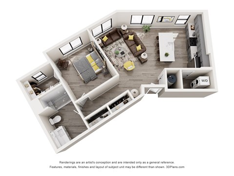 Floor plan for 1 bed, 1 bath, 908 sqft